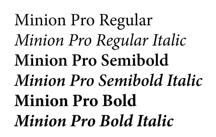 Example text with various weights in Minion Pro